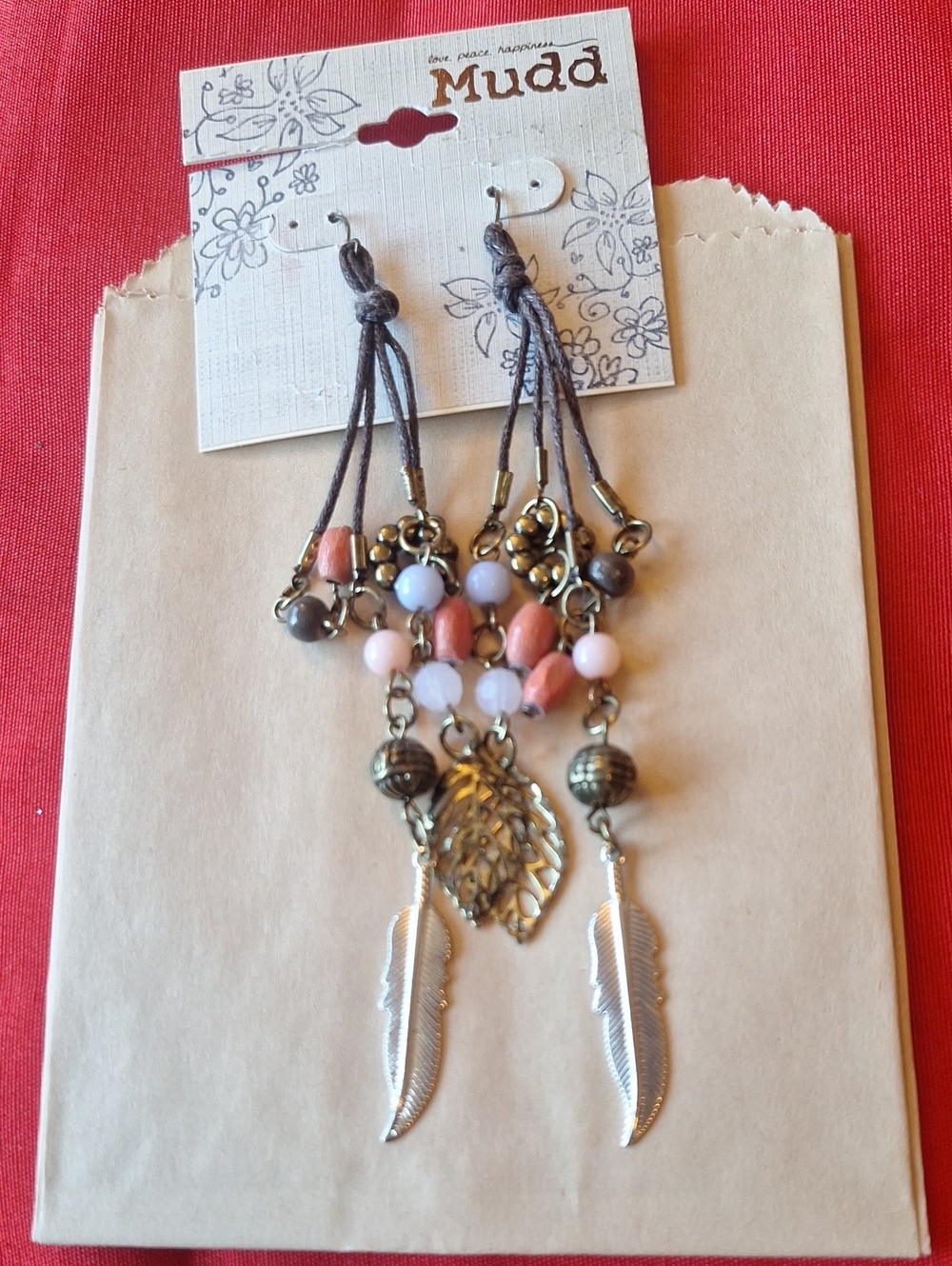 Mudd Gold-Tone Leaf & Feather Dangle Earrings with Pink and Coral Beads